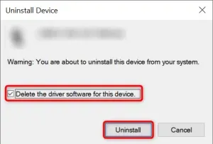 delete the driver software for this device checkbox