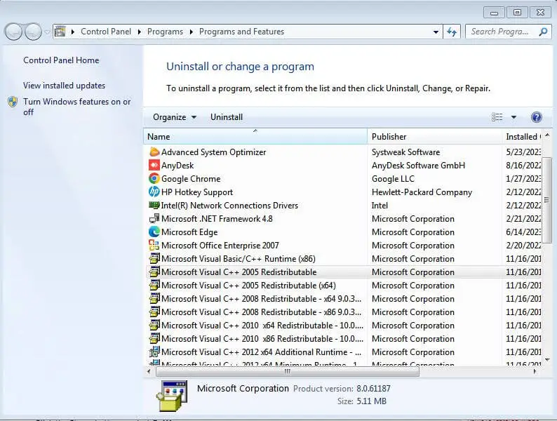 programs section in the control panel.