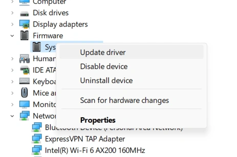 update driver option in device manager