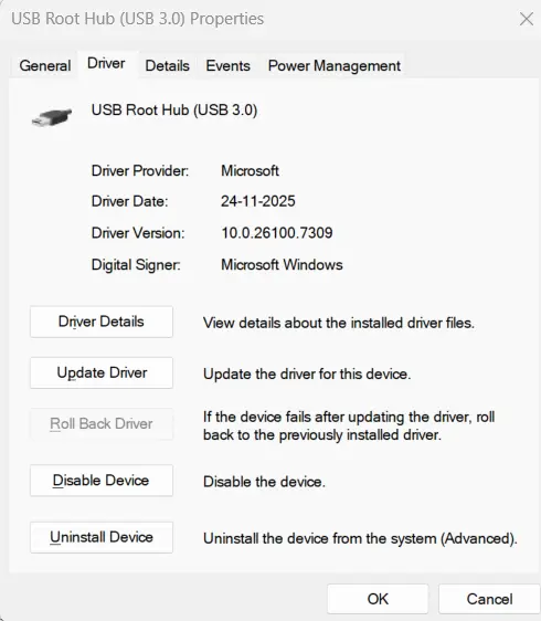 usb root hub properties