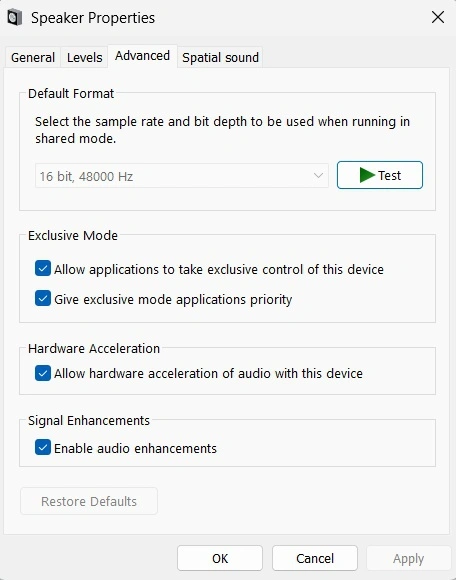 Advanced tab in speaker properties