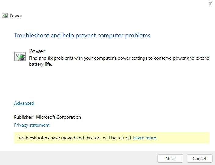 Click-on-Run-button-to-initiate-troubleshooting-for-power