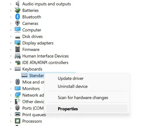 Find Keyboard and open properties