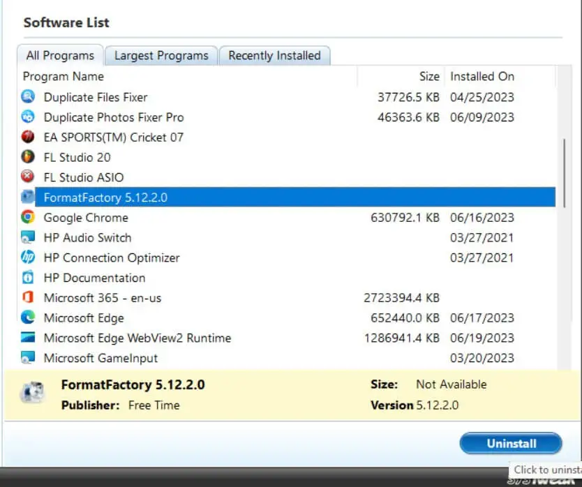 Uninstall button