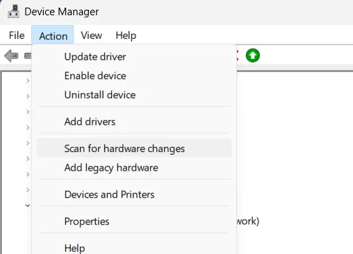 scan for hardware changes option