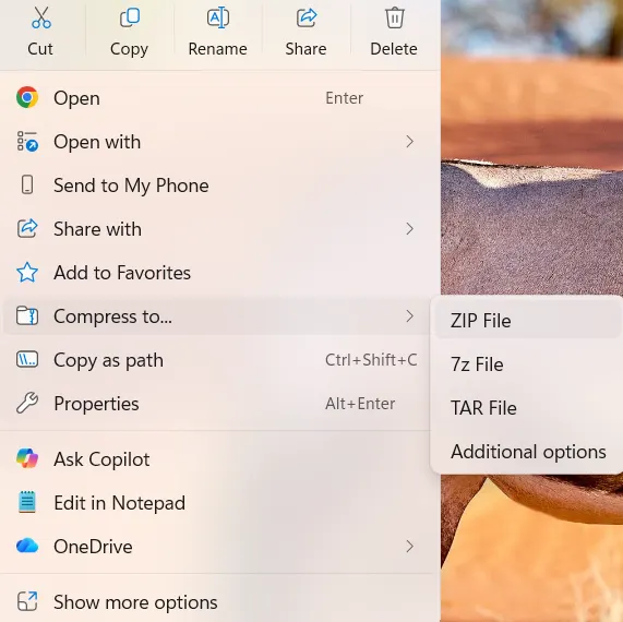 File Explorer compress to