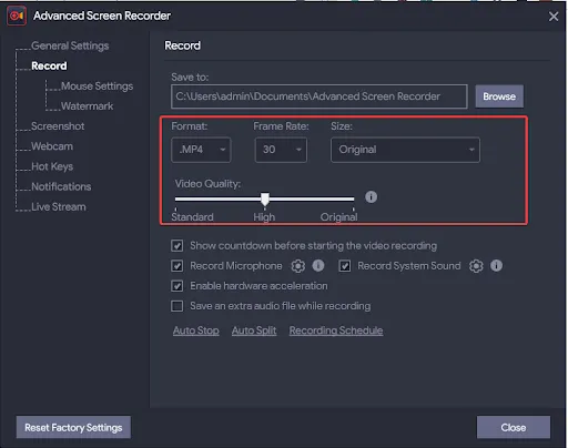 Record option in setting