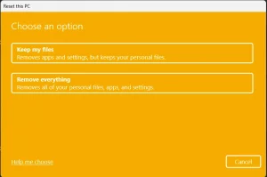 choose an option - keep my files or remove everything