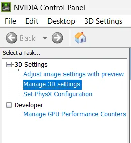 click Manage 3D settings