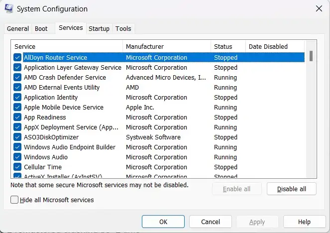 services tab