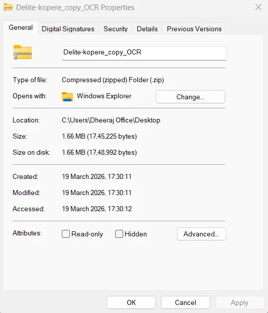 zipped folder properties