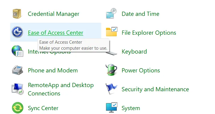 Ease of Access Center option