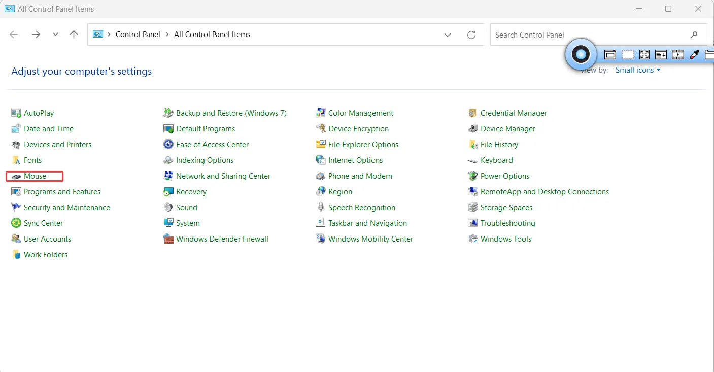 click Mouse option - control panel