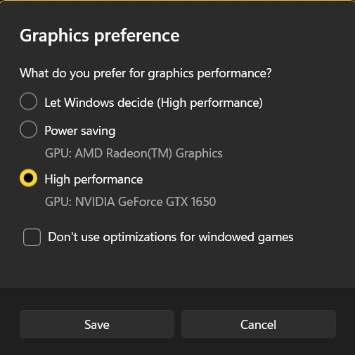 graphics preference prompt window
