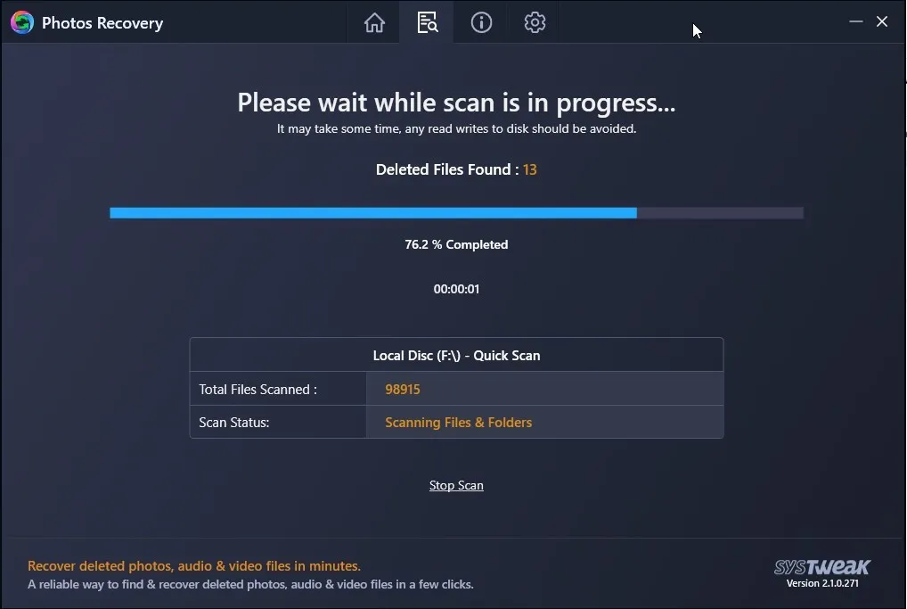 scan is in progress using photos recovery