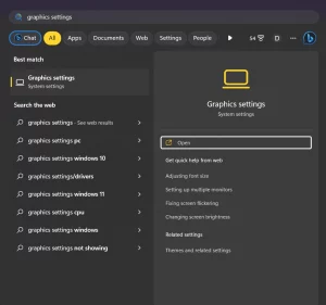 search for graphics settings in start menu