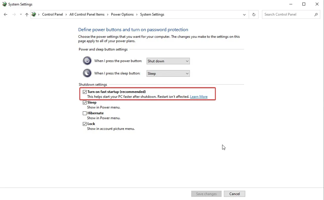 Uncheck Turn on fast start-up