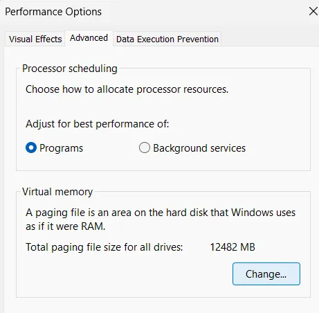 virtual memory option in advanced tab