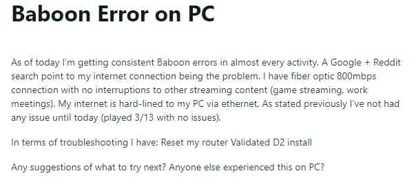 Error Code Baboon Destiny 2
