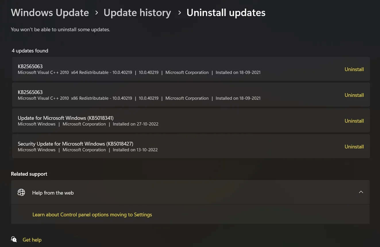uninstall windows update