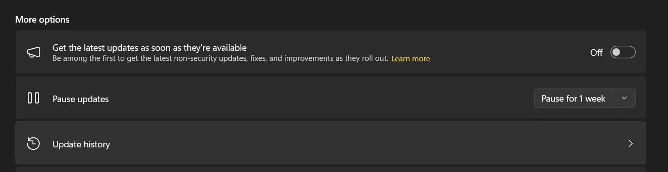 update history option