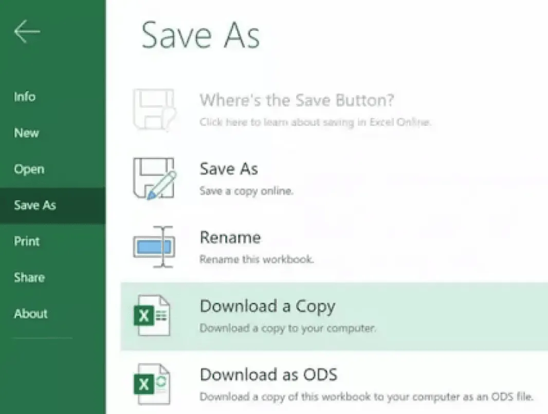 Save as section in online excel