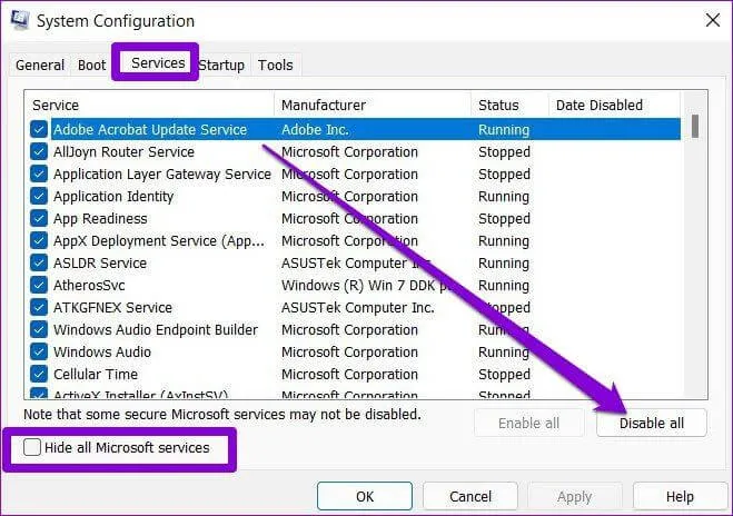 Services tab 