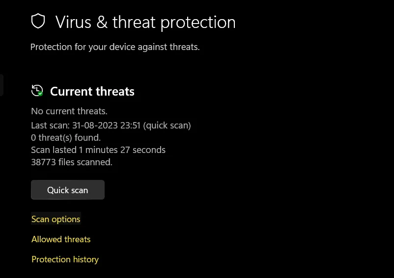 quick scan option in virus and threat protection