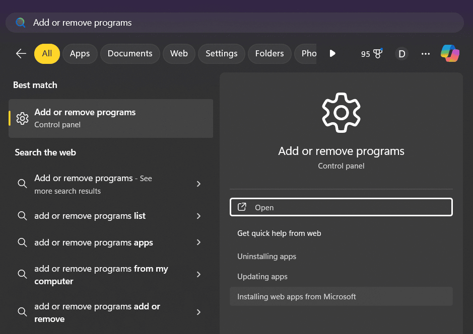 search for Add or Remove Programs
