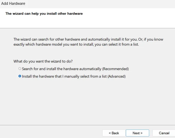 Add hardware wizard to choose an option