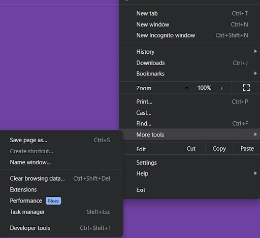 Drag mouse pointer to More Tools to find another menu