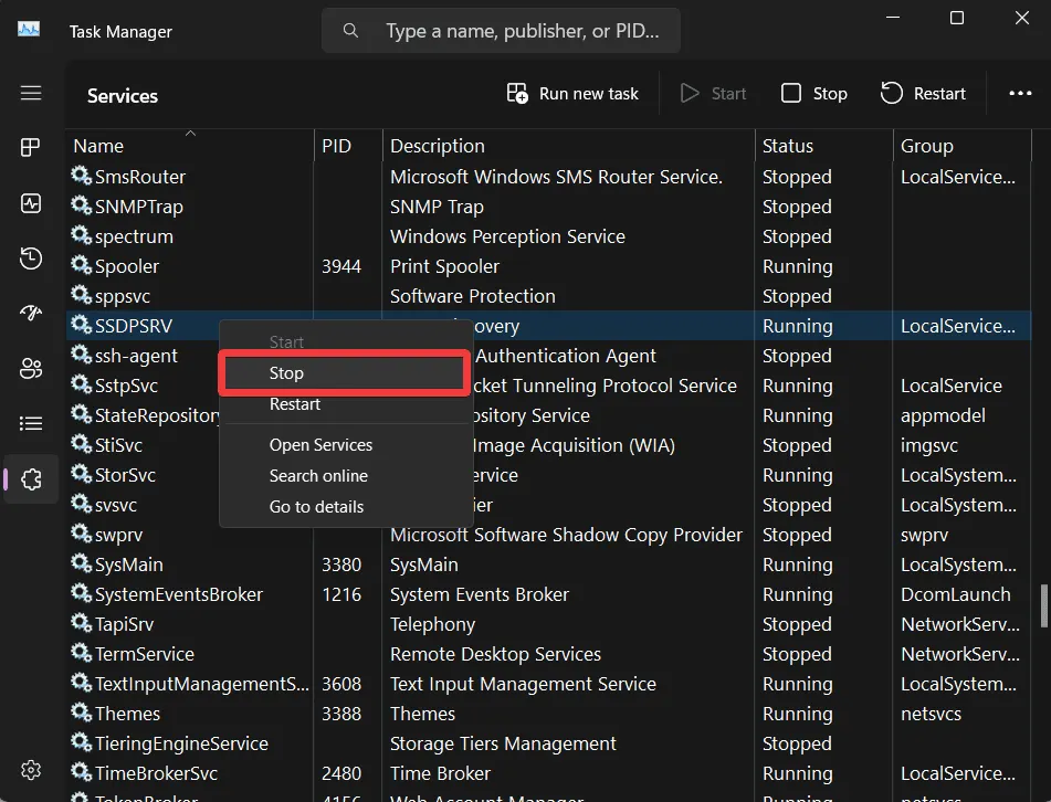 Services tab