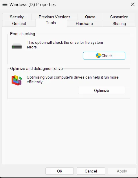 Tools tab - Windows properties