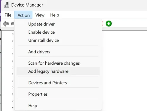 click Action tab in device manager window