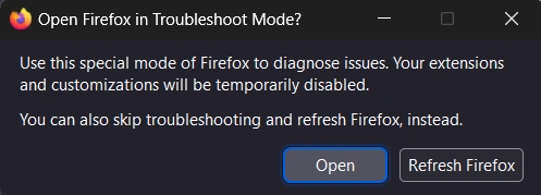 open firefox in troubleshoot mode prompt