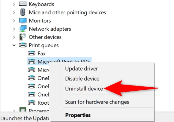print queues uninstall device