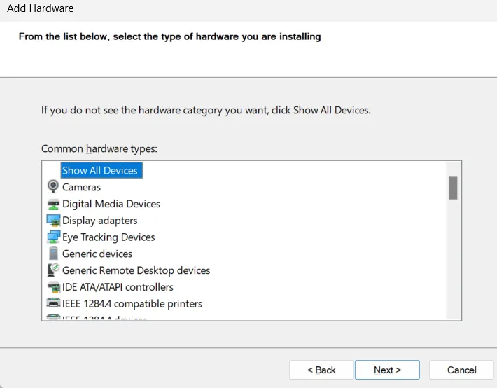 select hardware to install