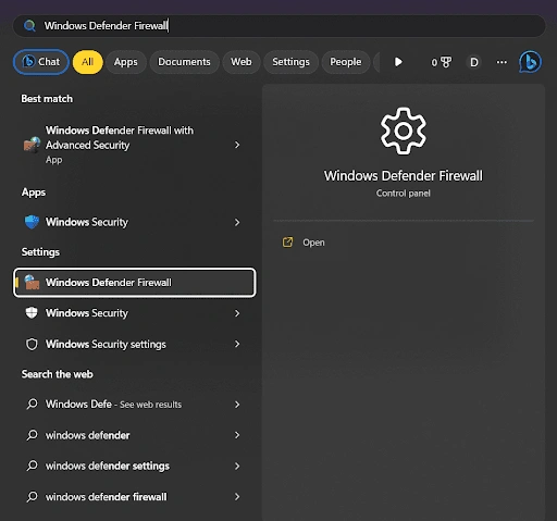 type Windows Defender Firewall in the Windows search bar