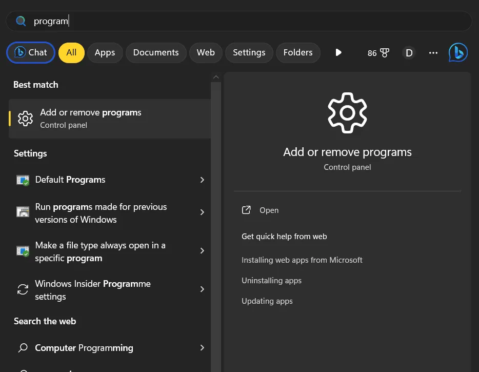 Search programs in start menu