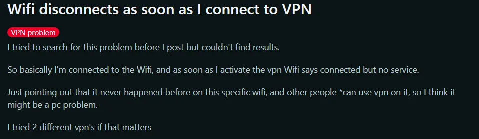 Wifi disconnects as soon as I connect to VPN - user query screenshot on Reddit