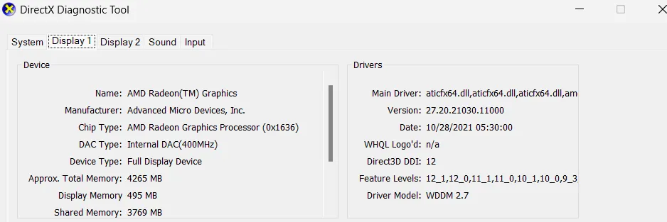 DirectX Diagnostic Tool Display 1 tab