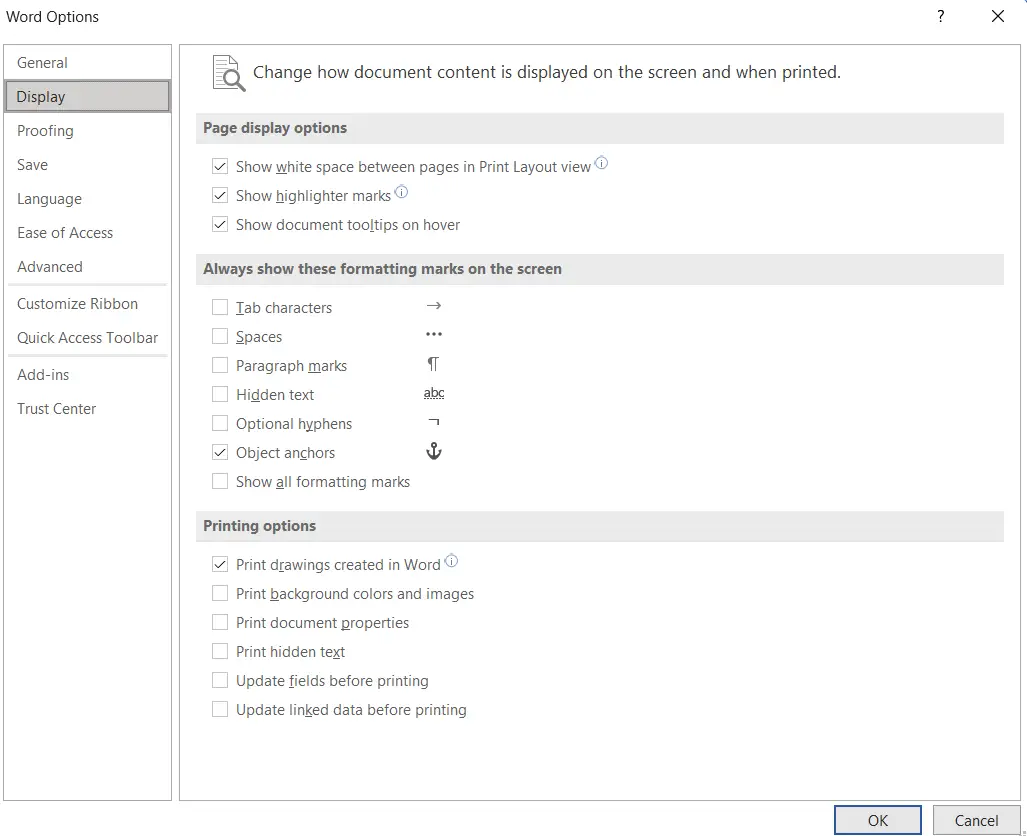 Printing-options-in-Display-tab-Ms-Word