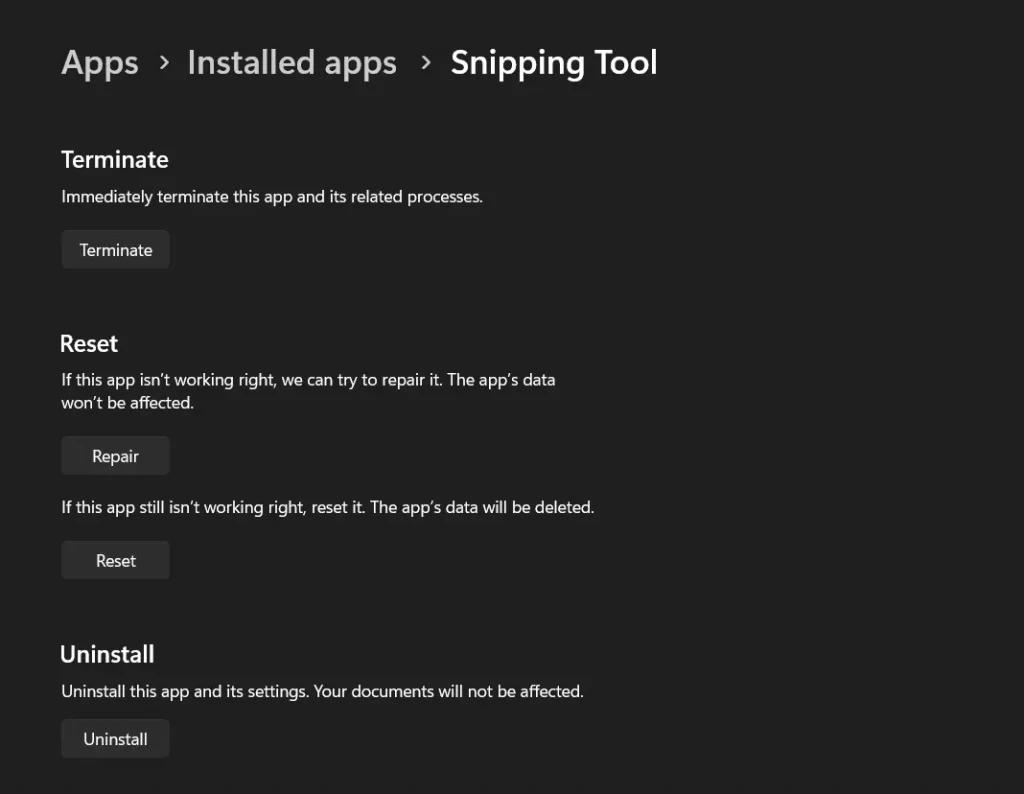 Repair and Reset options