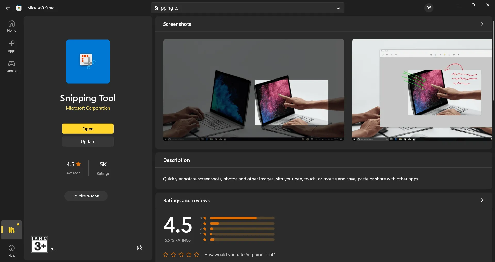 Search for Snipping tool