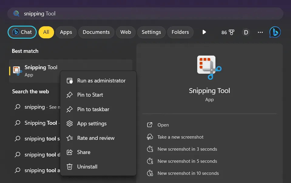 Search for Snipping tool