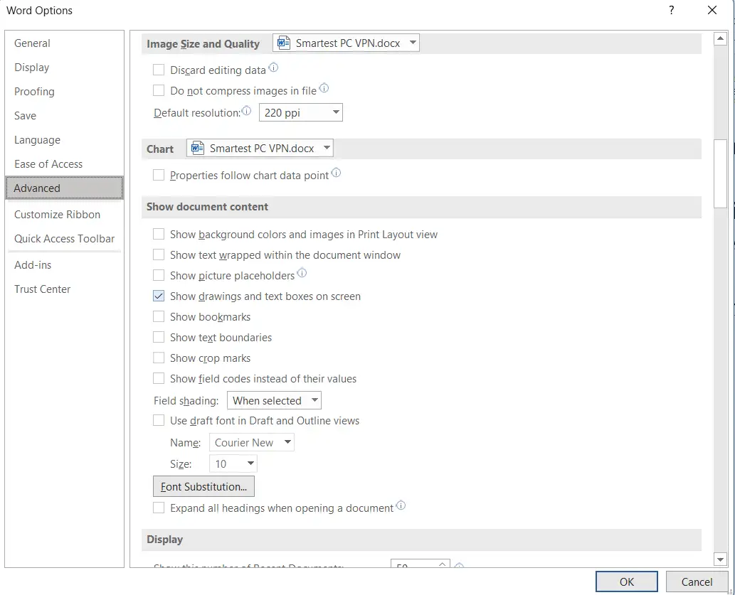 Show-drawings-and-text-boxes-on-screen-in-Advanced-tab-MS-word