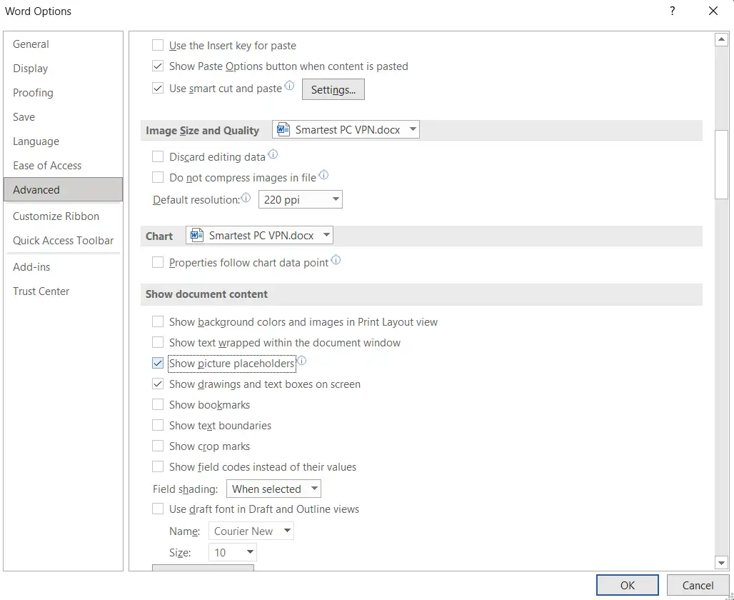Show-picture-placeholders-Option-in-Advanced-tab-MS-Word