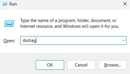 Type command dxdiag in run search box