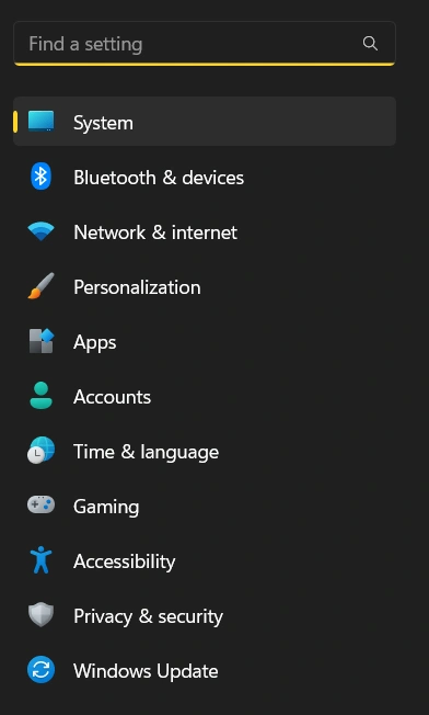 Windows Update selected in system settings