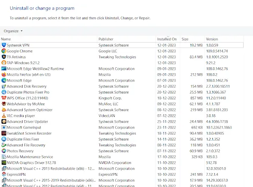 choose program to uninstall
